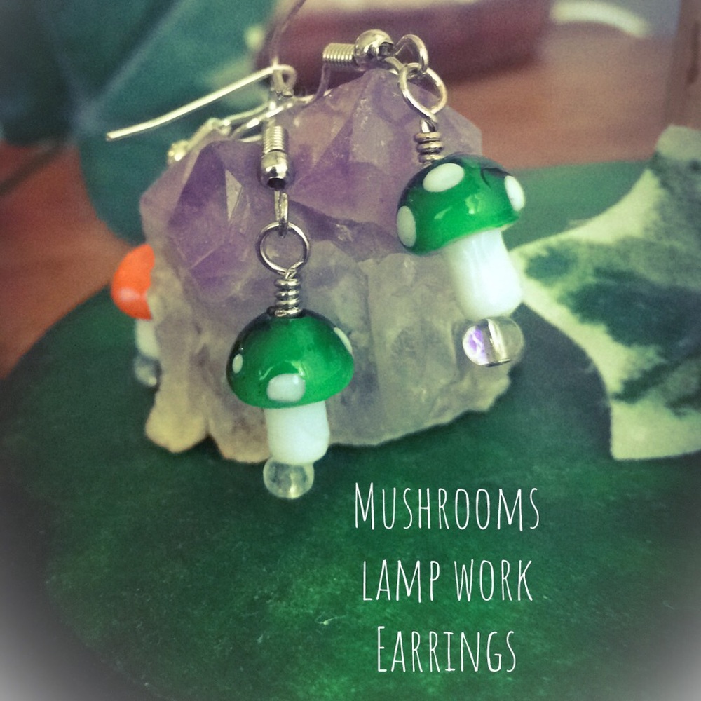 🍄 NEW Glass lampwork Mushroom Earrings- 3 pairs